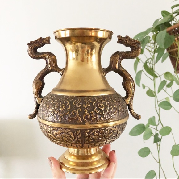 Brass Chinese Dragon Vase Urn Double Handle